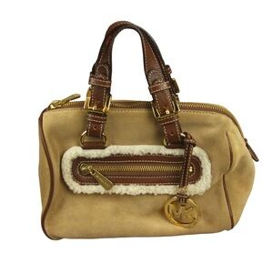 Michael Kors Light Brown Suede Shearling Satchel Handbag Leather Trim Fall NEW